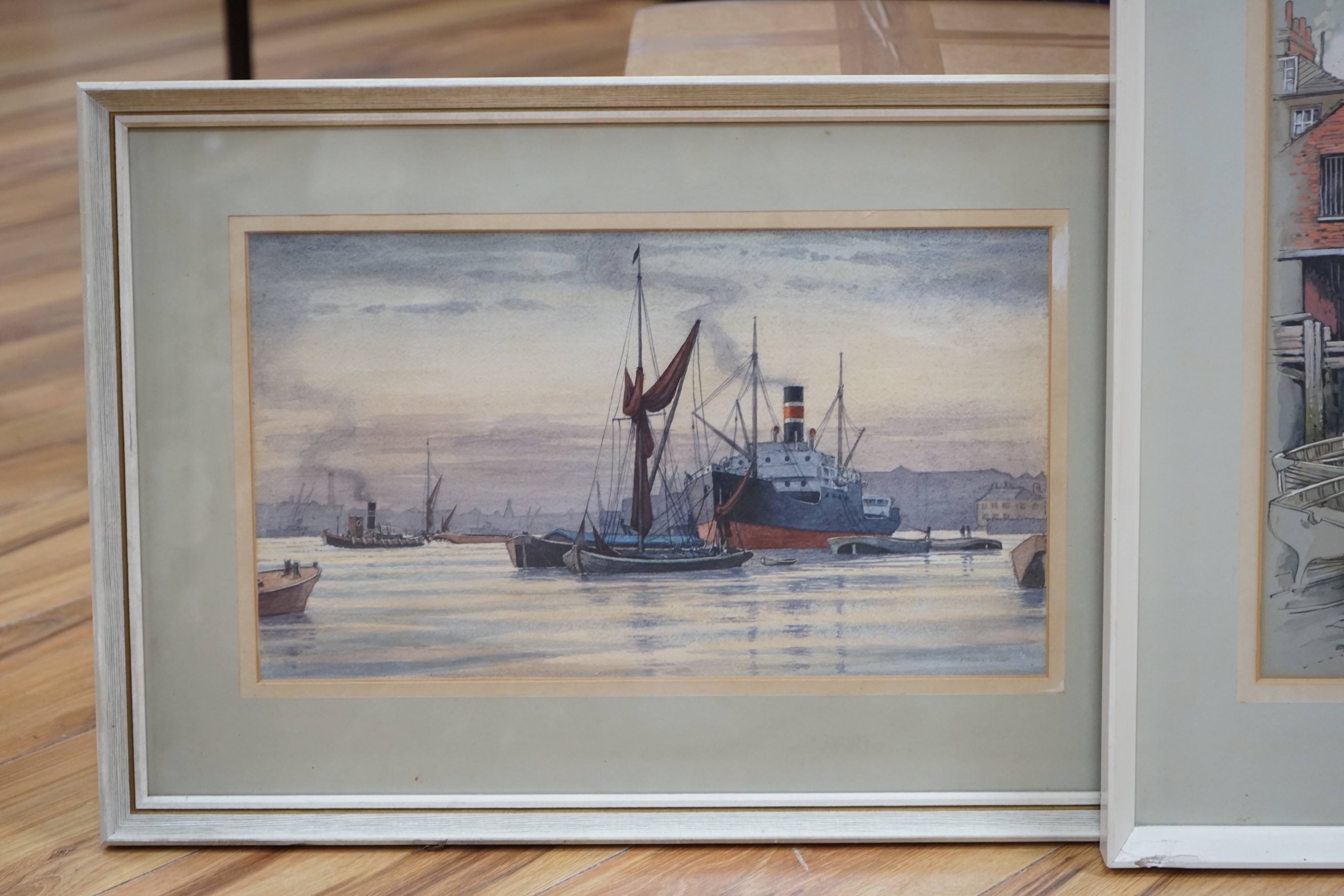 Philip Bear (b.1932), three watercolours, 'Dredging', 'Greenwich Riverside' and 'Shipping in harbour', signed, largest 23 x 40cm